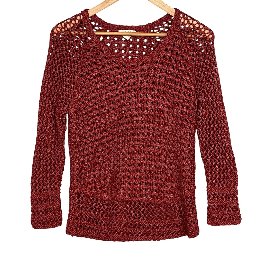 Lucky Brand Brick Red Open Knit Crochet Sweater Womens S Boho Earthy Festival‎